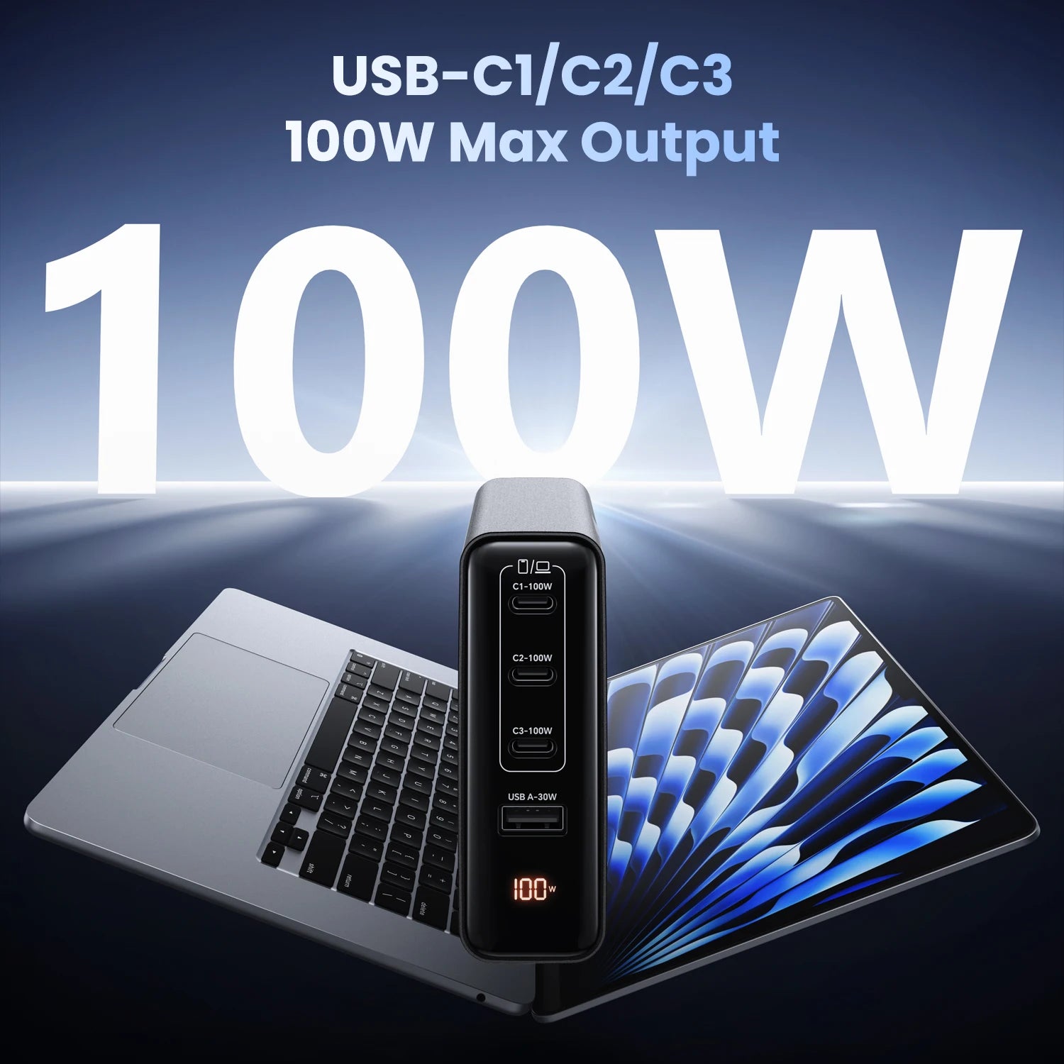 100W GaN 4-Port Fast USB-C Charger - PD 3.0 Laptop & Phone Power Adapter - 3