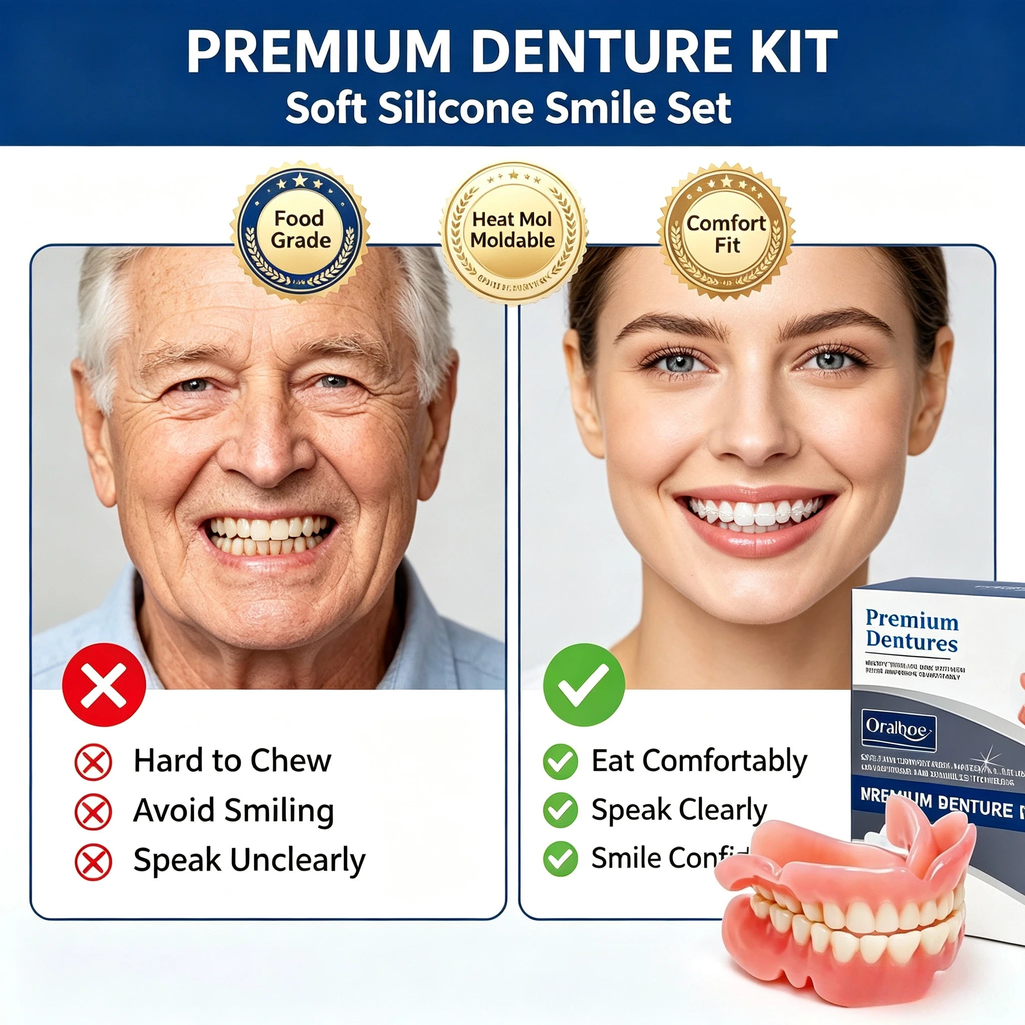 Comfort Fit Snap-On Dentures - Natural Realistic Teeth Set for Instant Smile - 3