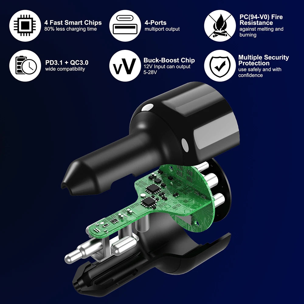 240W 4-Port USB-C Car Charger - PD 3.1 Super Fast Charging Adapter - 6