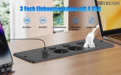 EU Desktop Power Strip with 5 AC Sockets & 4 USB Ports - 3250W Fast Charge