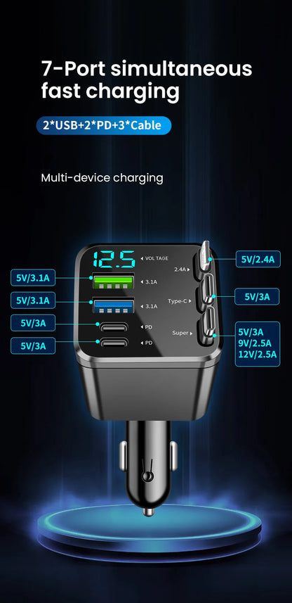 7-in-1 Retractable Fast Car Charger with Digital Display - 120W PD Adapter