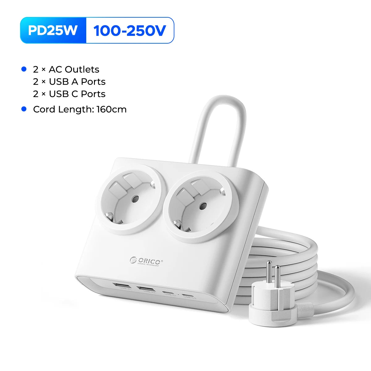 ORICO 25W GaN Desktop Power Strip - 2 AC Outlets & 4 USB Fast Charging