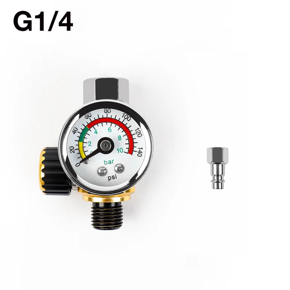 G1/4 Spray Gun Air Pressure Regulator with Gauge - Adjustable 140 PSI Valve - 10
