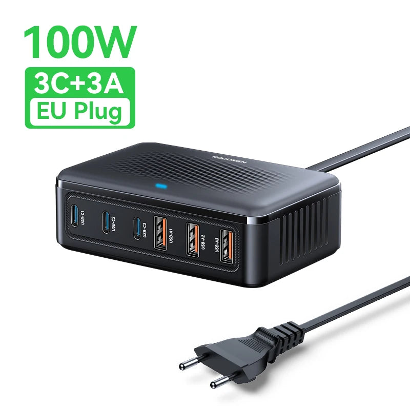 100W GaN 6-Port Desktop Fast Charger - Universal Multi-Device Charging Station - 34