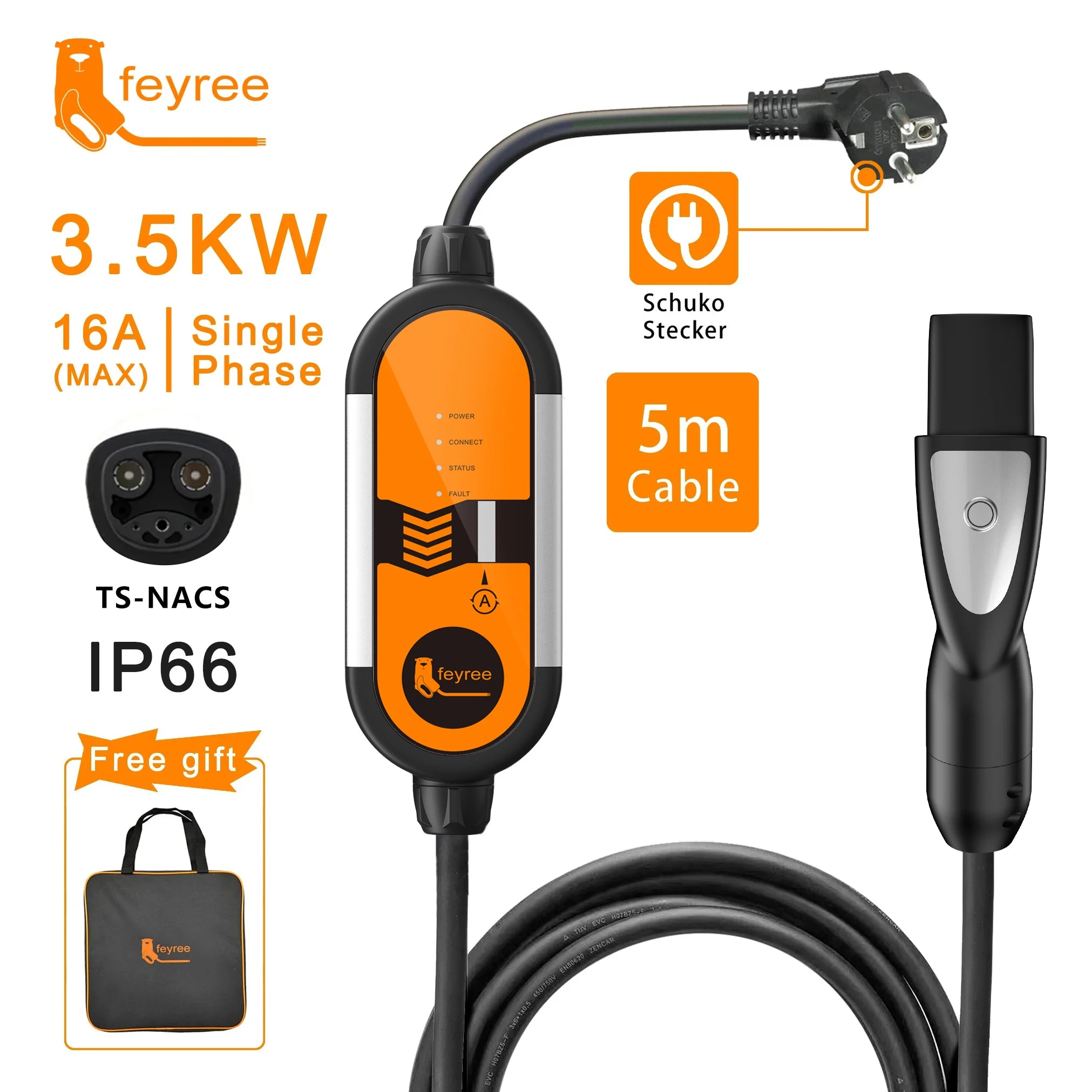Portable 3.5KW Level 2 EV Charger - Type 2 Adjustable Charging Cable (5m) - 32