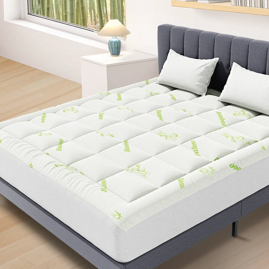 Bamboo Fiber Cooling Mattress Topper - Breathable Deep Pocket Mattress Pad