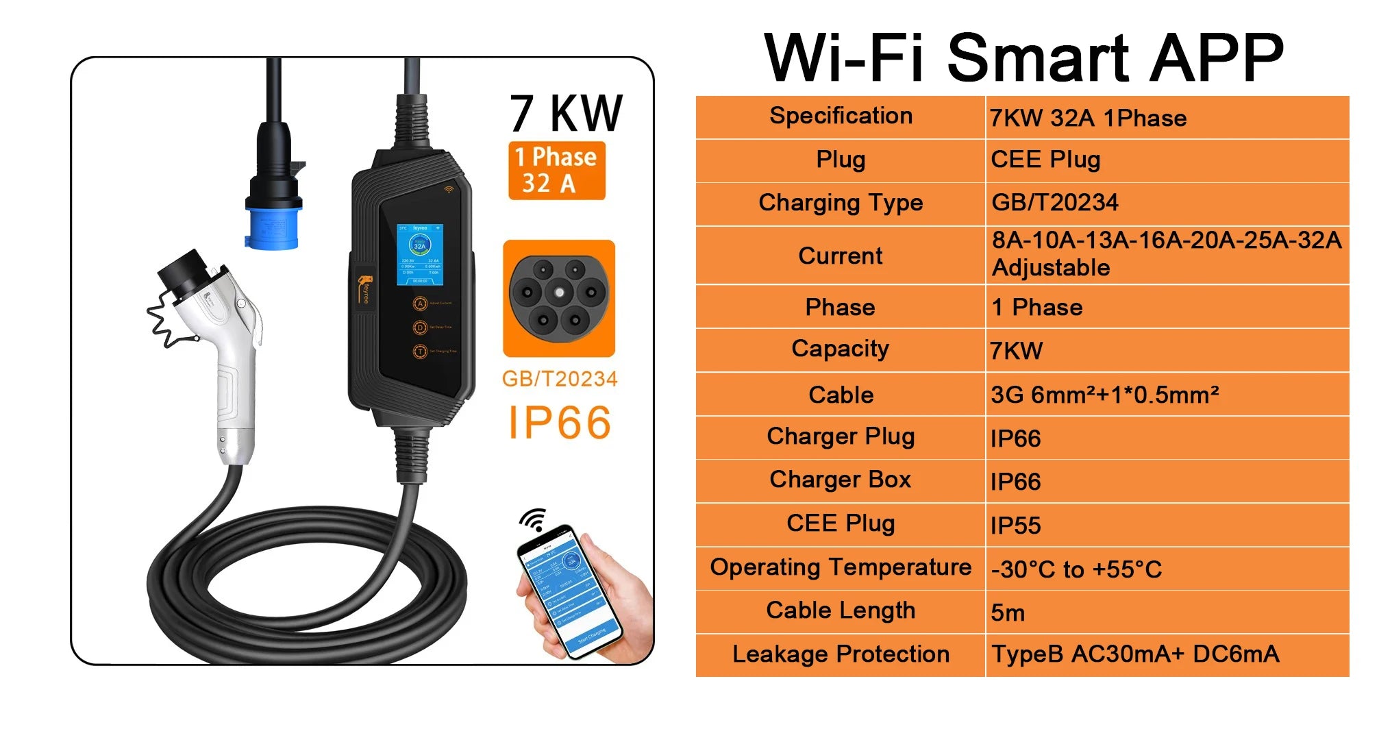 7KW Portable EV Charger with WiFi App & Adjustable Current (GBT) - 8