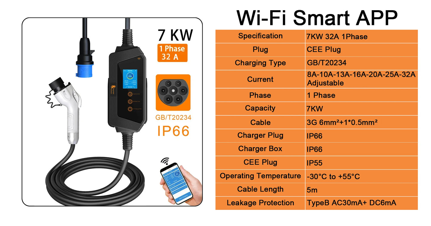 7KW Portable EV Charger - Adjustable Current GBT Electric Vehicle Charger
