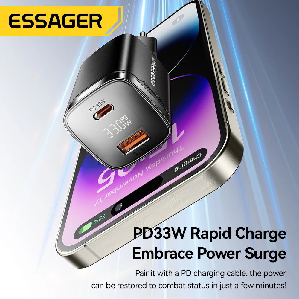 33W GaN Dual Port USB-C Fast Charger with Real-Time Digital Display