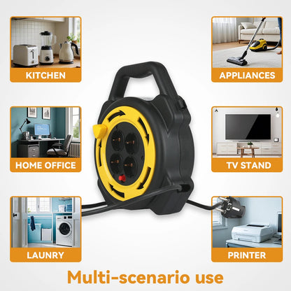 10M Retractable Extension Cord Reel with 4 Sockets, Heavy Duty Power Station