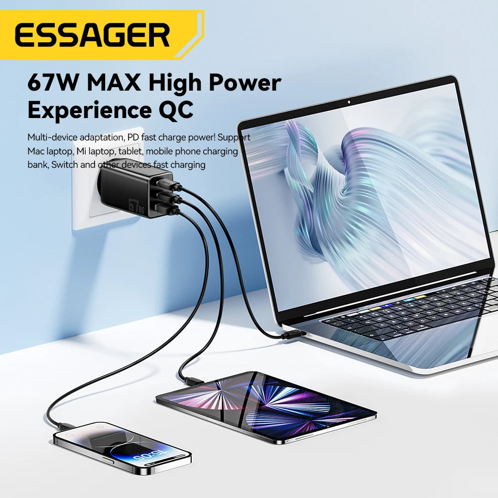 67W GaN 3-Port USB-C Fast Charger - Universal PD & QC Wall Adapter - 6