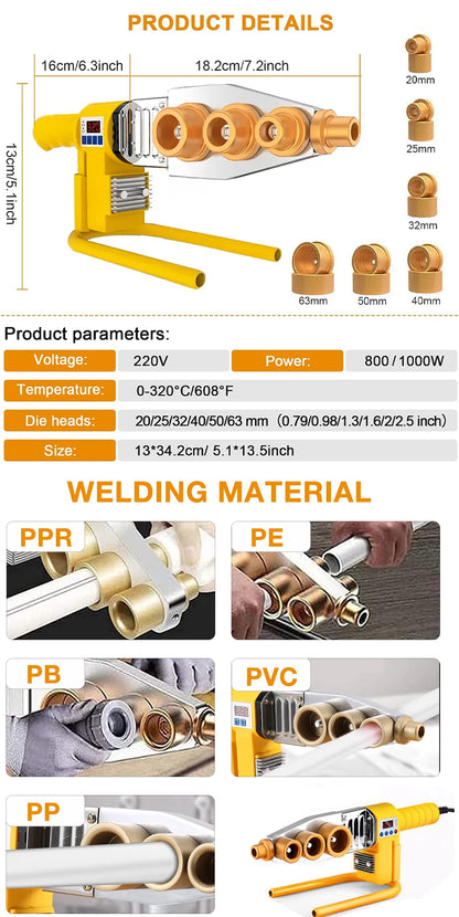 1000W/800W Plastic Pipe Welding Machine - 220V PPR PE PB Pipe Hot Melt Welder Kit