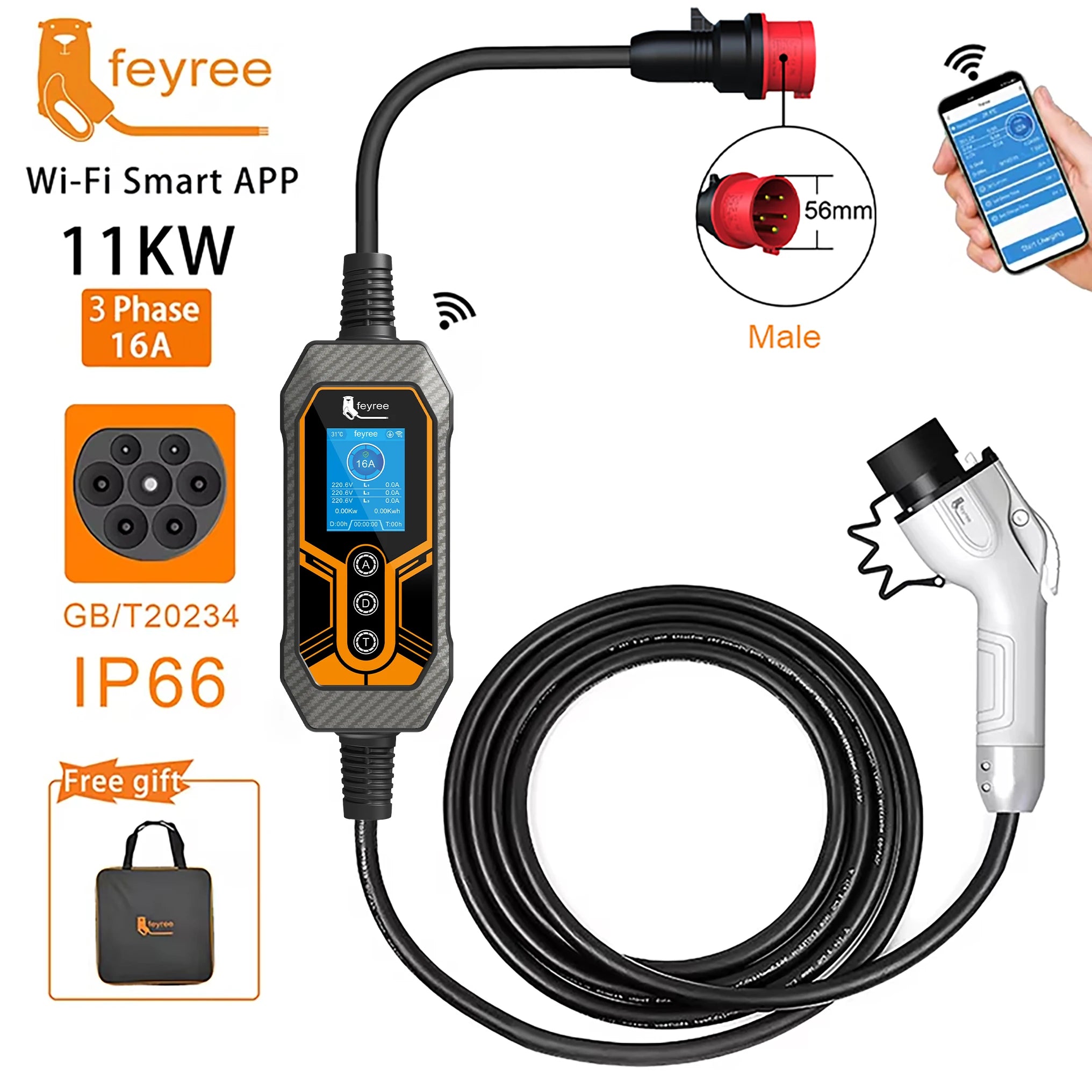 Portable Smart EV Charger - 7KW/11KW Adjustable Level 2 Electric Vehicle EVSE - 31