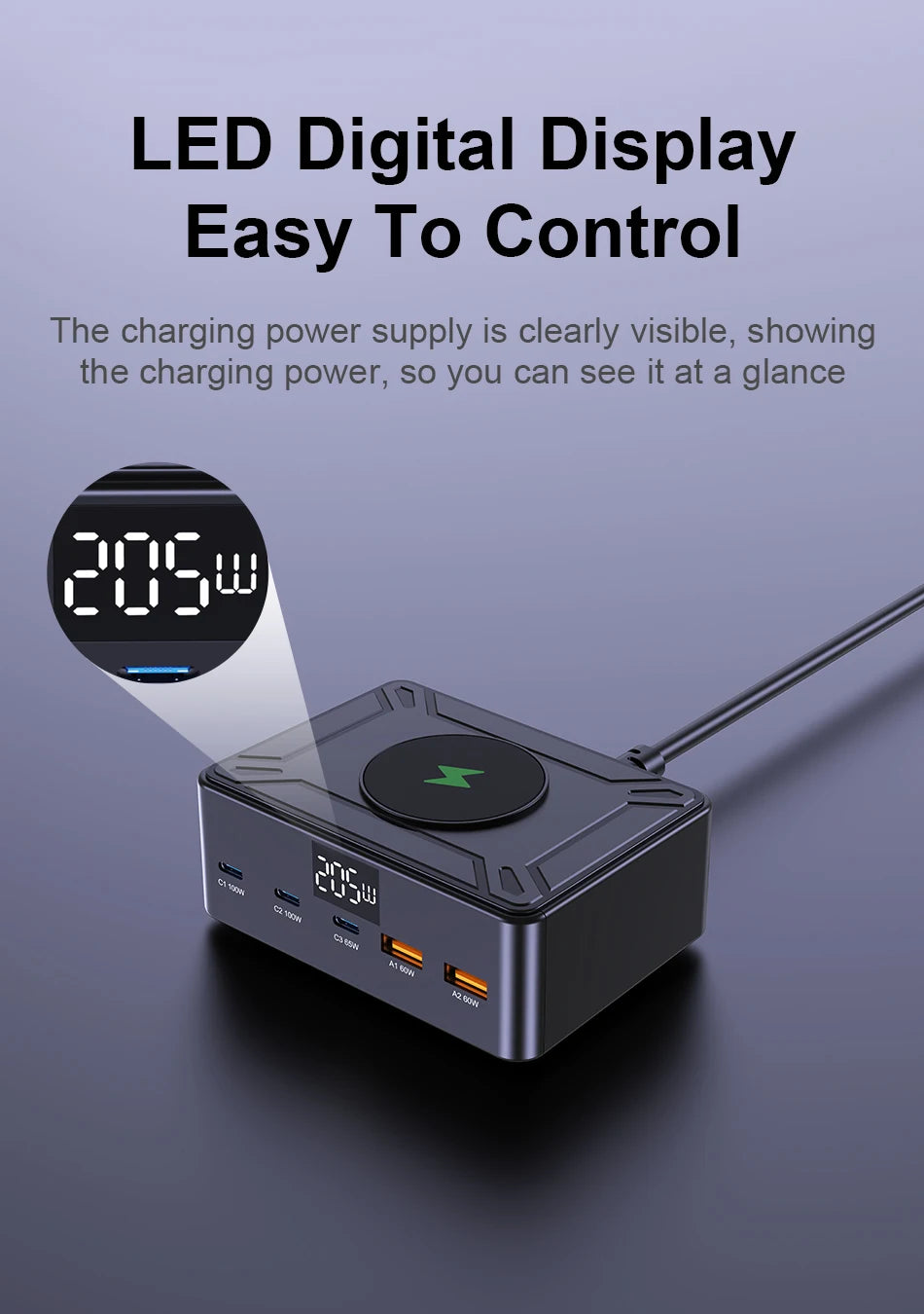 205W GaN Desktop Fast Charger - 6-in-1 USB-C PD Multi-Port Charging Station - 9