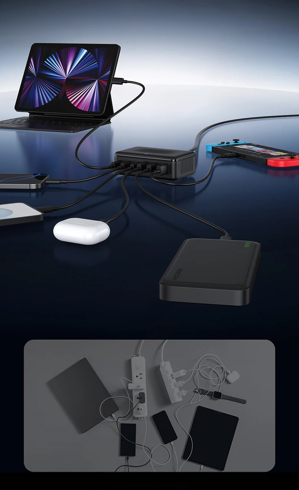 100W GaN 6-Port Desktop Fast Charging Station - Universal USB-C Power Hub - 15