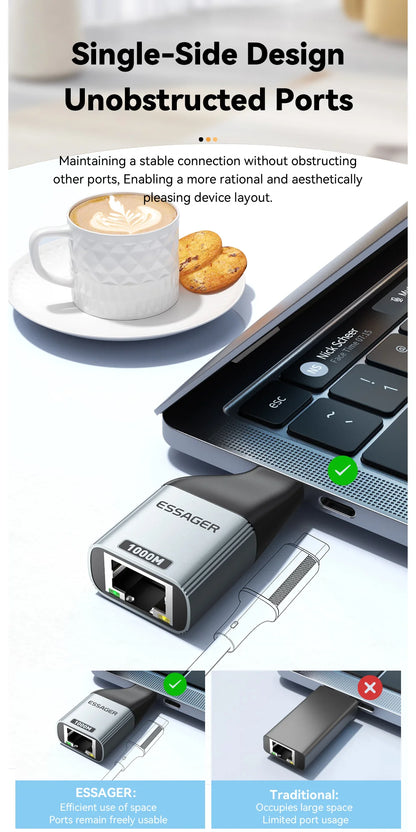 USB-C to Gigabit Ethernet Adapter - High-Speed RJ45 Wired Network Converter