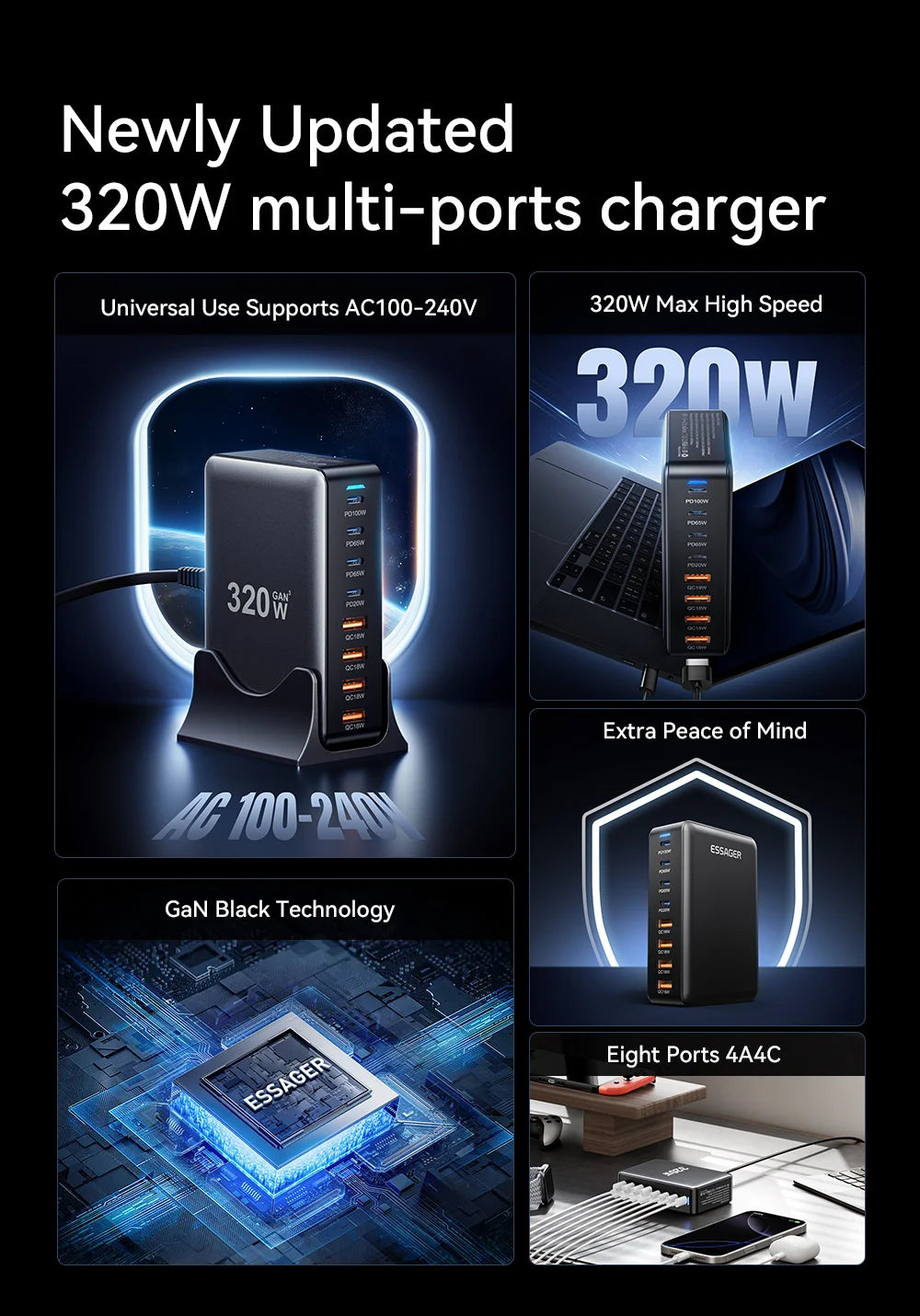 320W 8-Port GaN Desktop Charging Station - 100W PD Fast Charger for All Devices - 8
