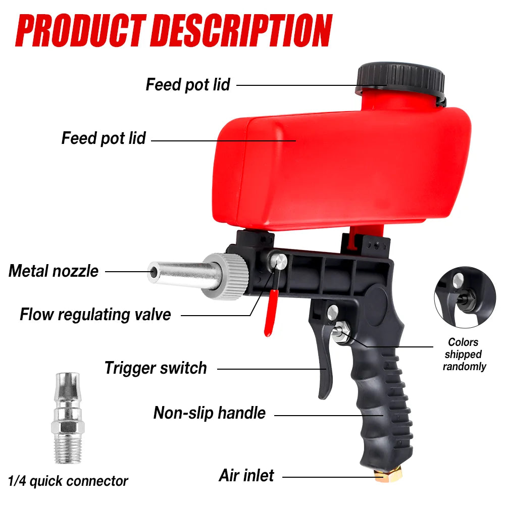 Portable Pneumatic Sandblasting Gun Set - 90 PSI Gravity Feed Rust Paint Remover Tool