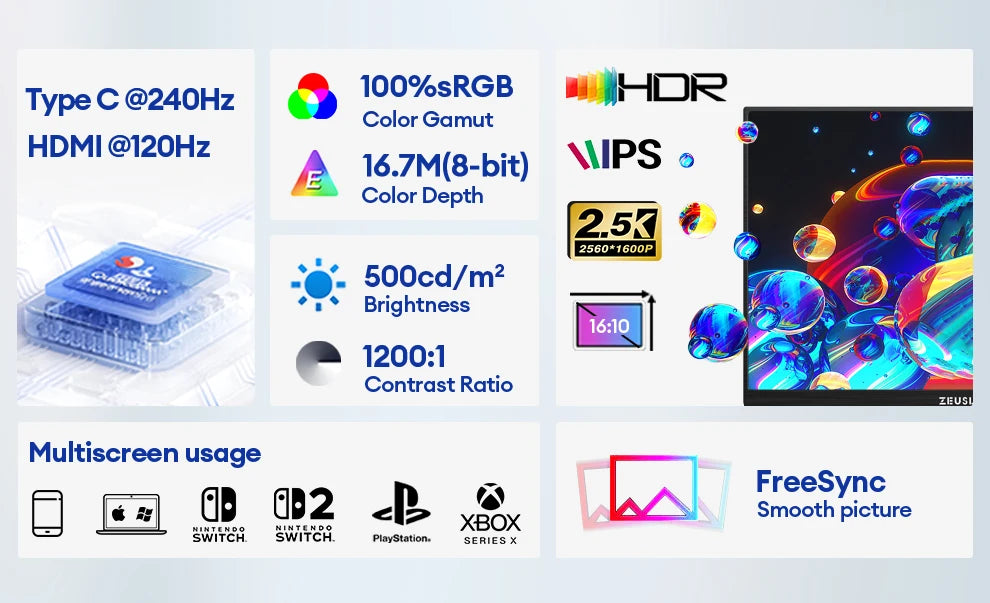 16" 240Hz QHD Portable Gaming Monitor - 2.5K HDR IPS Second Screen