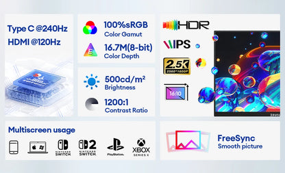 16" 240Hz QHD Portable Gaming Monitor - 2.5K HDR IPS Second Screen