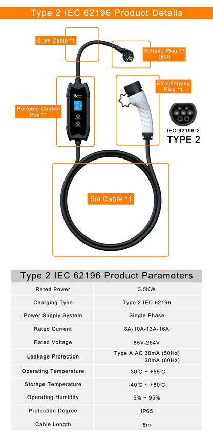 Portable 3.5KW EV Charger - 16A Adjustable Electric Vehicle Charging Cable