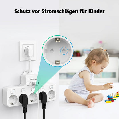 9-in-1 EU Power Strip: 5 AC Outlets & 4 USB Fast Charging Ports