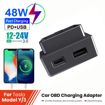 48W Dual USB OBD Fast Charger Adapter for Tesla Model 3, Y, S, X | PD Type-C & USB-A