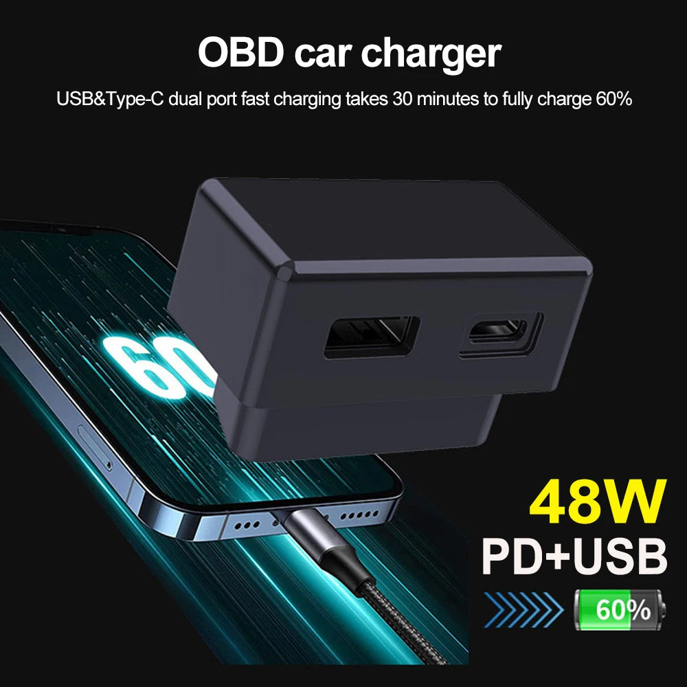 48W Dual USB OBD Fast Charger Adapter for Tesla Model 3, Y, S, X | PD Type-C & USB-A