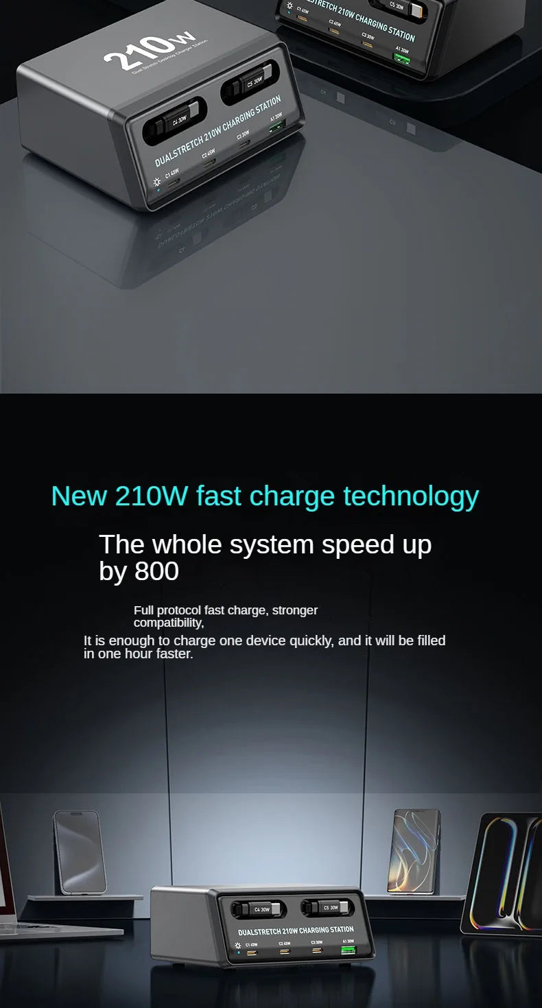 6-in-1 Retractable Fast Charging Station 210W USB-C Desktop Power Hub - 18