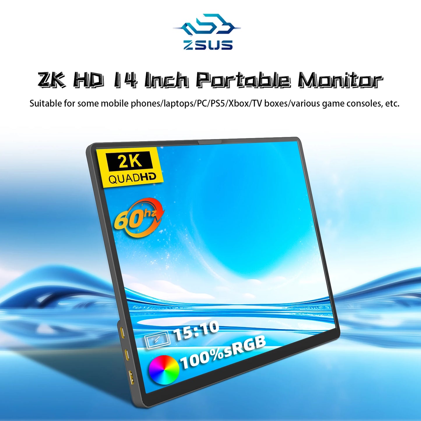 14" 2K Portable Monitor - 60Hz Ultra HD HDR Laptop Display Screen
