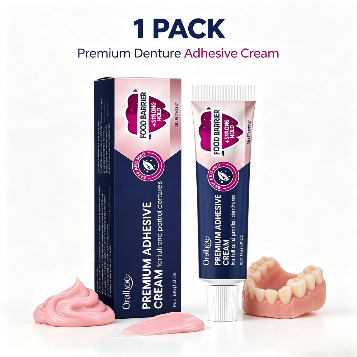 Premium Denture Adhesive Cream - Long Lasting Strong Hold & Food Barrier