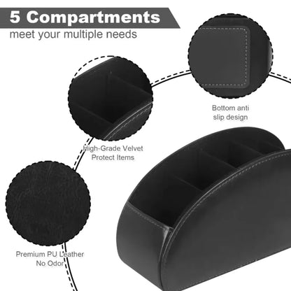 5-Compartment PU Leather Remote Control Organizer Desktop Storage Box