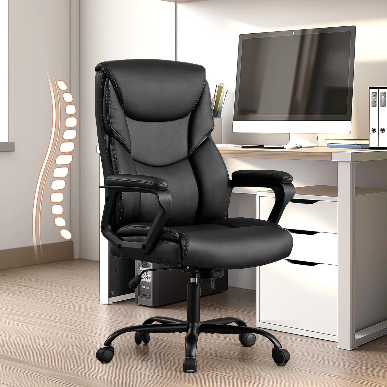 Ergonomic PU Leather Office Desk Chair with Flip-Up Arms & Lumbar Support - 16