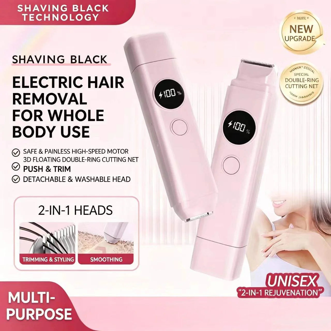 2-in-1 Electric Hair Removal Shaver - Waterproof Painless Trimmer for Face & Body - 4