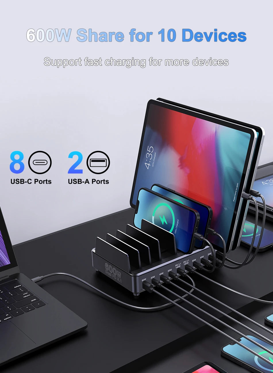 600W 10-Port GaN Desktop Charging Station - Fast PD 3.1 USB-C Charger - 8