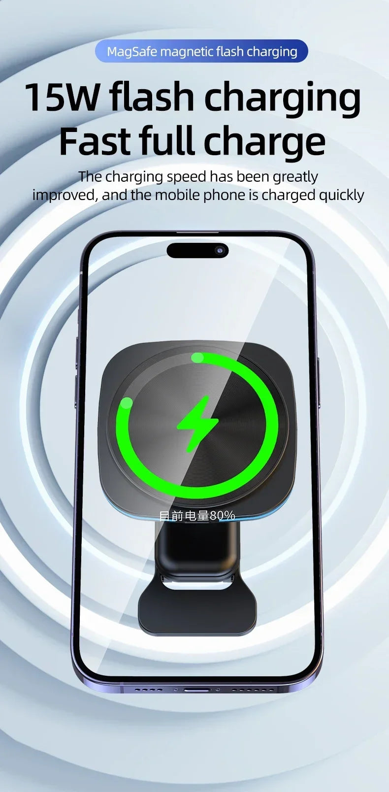 Magnetic Wireless Car Charger & Phone Mount - 15W Fast Charging Station - 8