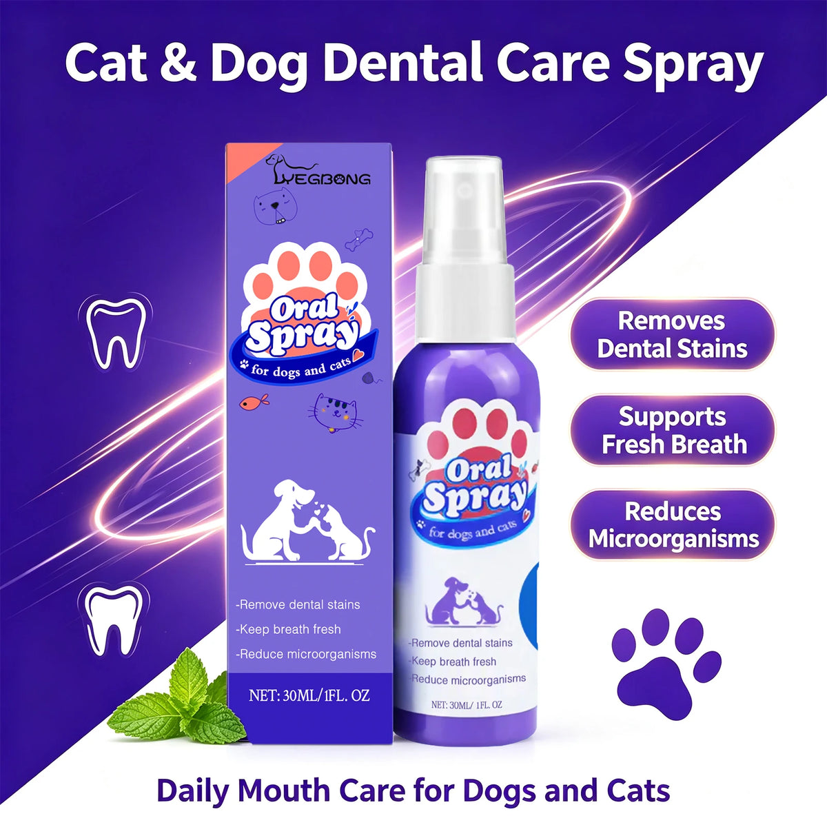 Pet Dental Oral Care Spray for Dogs and Cats - Fresh Breath & Teeth Cleaning