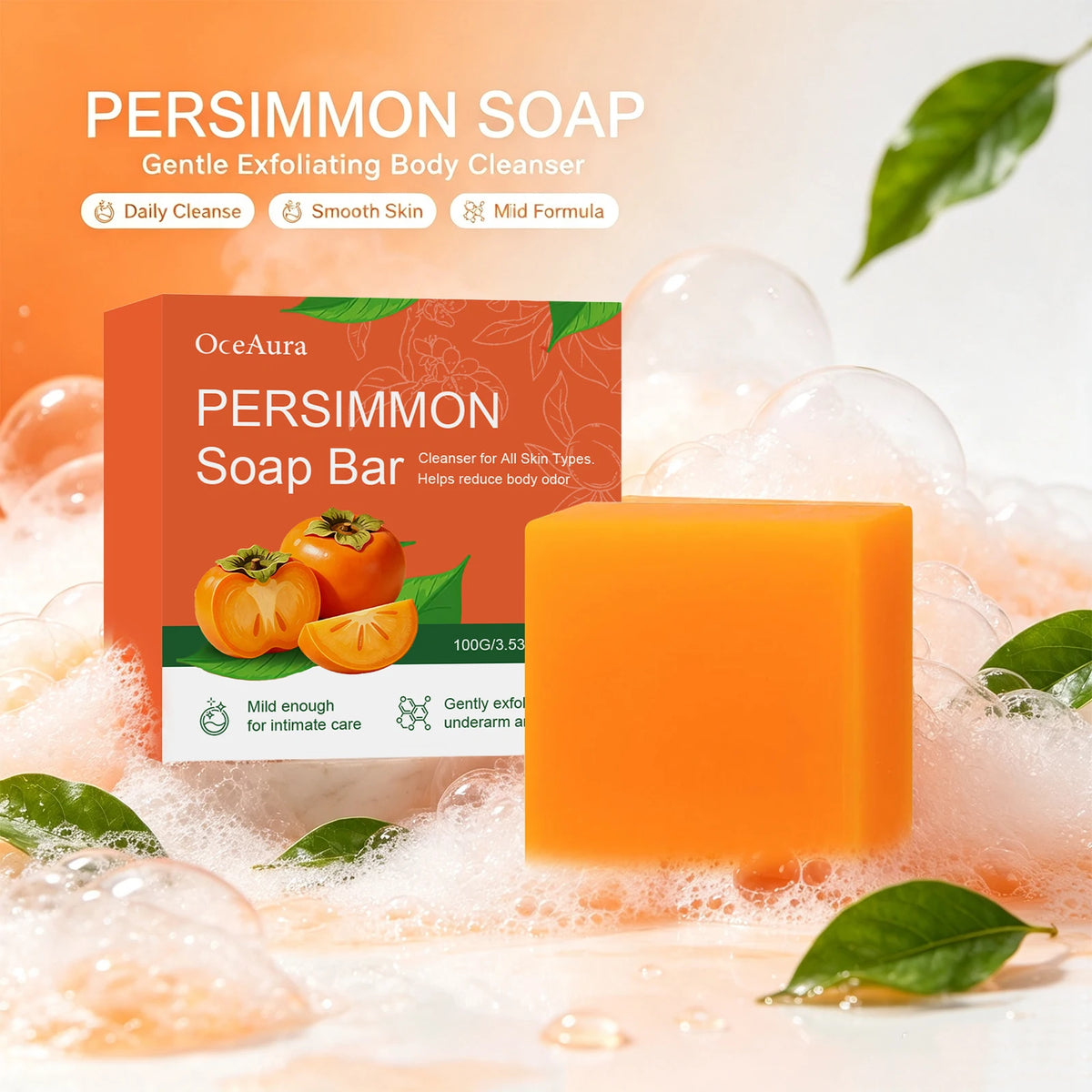 Natural Persimmon Soap Bar for Body Odor Control & Deep Exfoliating Skin Care