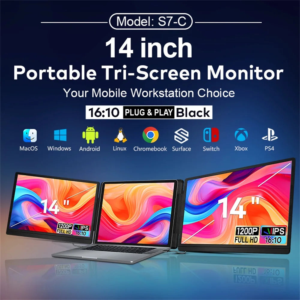 14-16" Dual Screen Laptop Monitor Extender - FHD IPS Portable Triple Display - 2