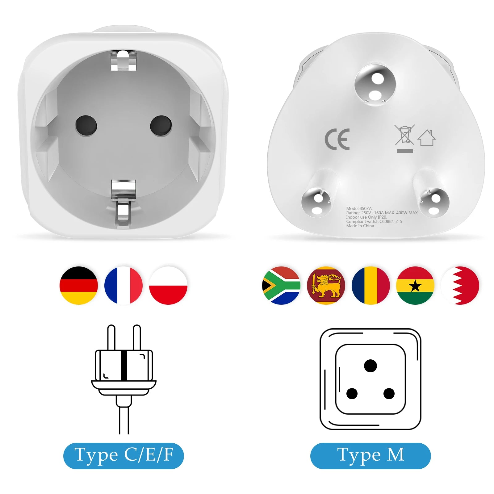 Universal Travel Plug Adapter 2-Pack - Convert EU to US, IT, CH, SA - 6