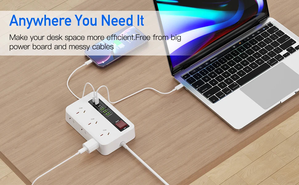 Australian Power Board: 12-Socket Extension Lead with 6 USB Fast Charger - 12