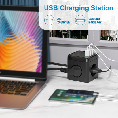 6-in-1 Cube Power Strip with 3 USB Ports & 2m Extension Cord - EU Plug