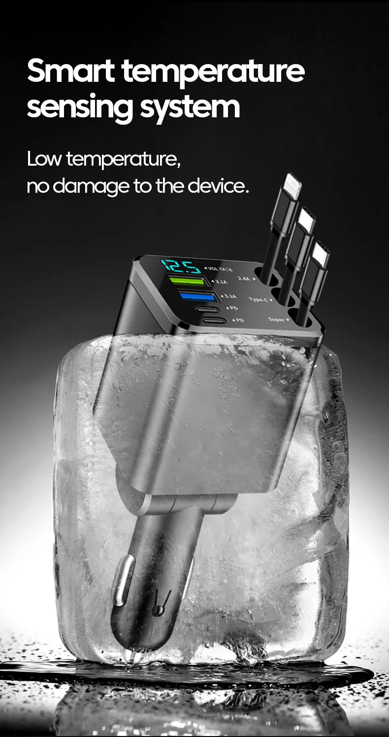 7-in-1 Retractable Fast Car Charger with Digital Display - 120W PD Adapter - 18