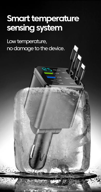 7-in-1 Retractable Fast Car Charger with Digital Display - 120W PD Adapter