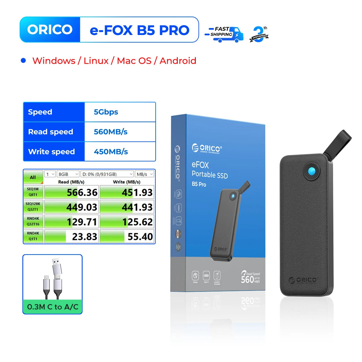 ORICO Portable SSD 560MB/s External Hard Drive for iPhone 15, Mac, PC