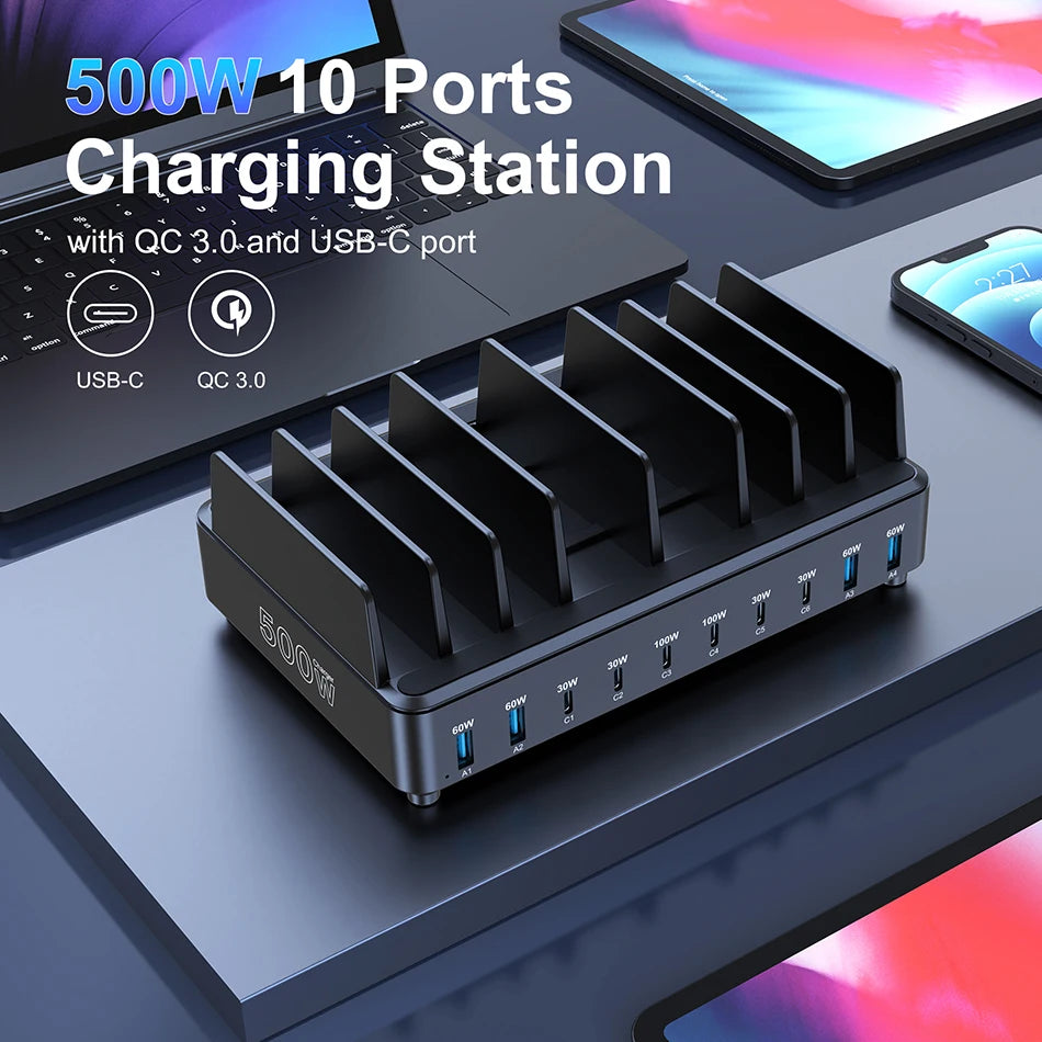 500W 10-Port GaN USB-C Charging Station for Laptops and Smartphones