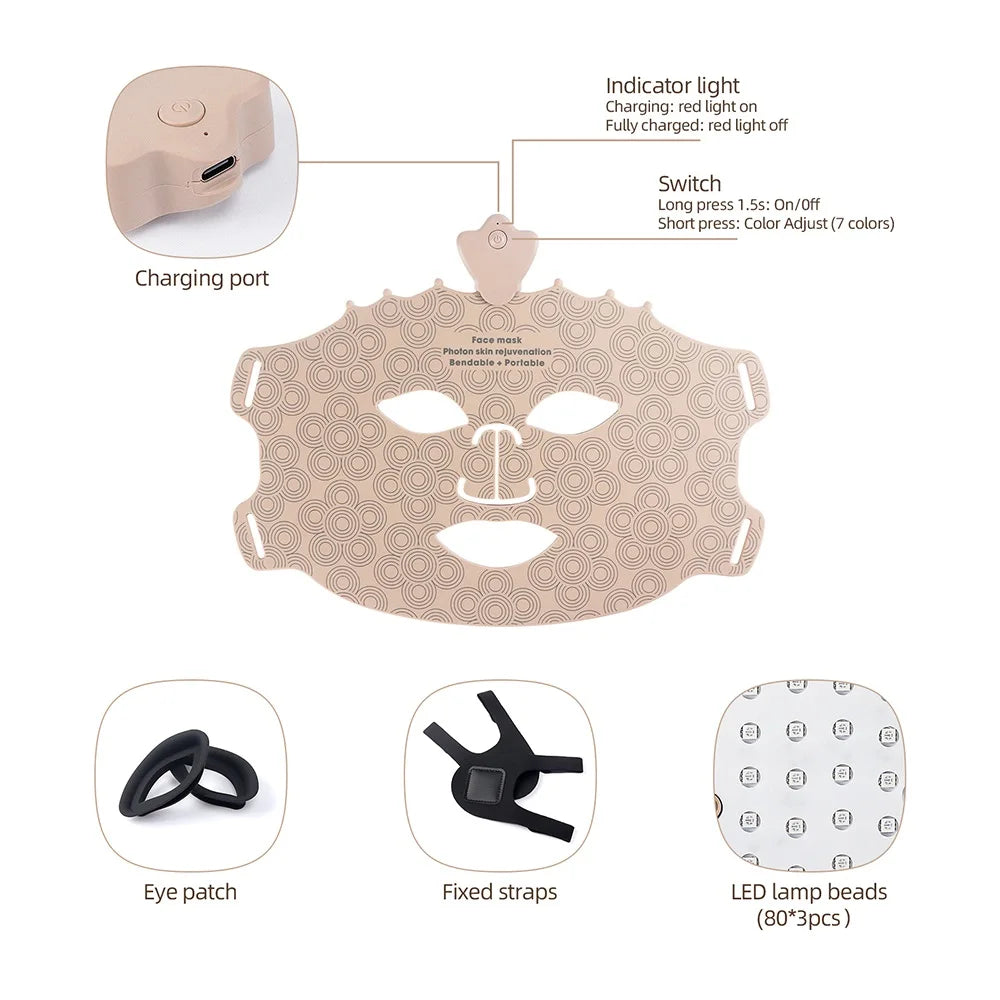 Wireless 7-Color LED Light Therapy Silicone Face Mask for Skin Care