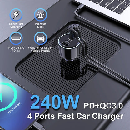 240W 4-Port USB-C Car Charger - PD 3.1 Super Fast Charging Adapter
