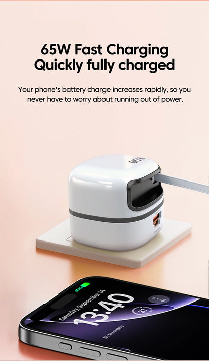 65W Fast USB-C Charger & Retractable Cable Adapter for Laptop and Phone