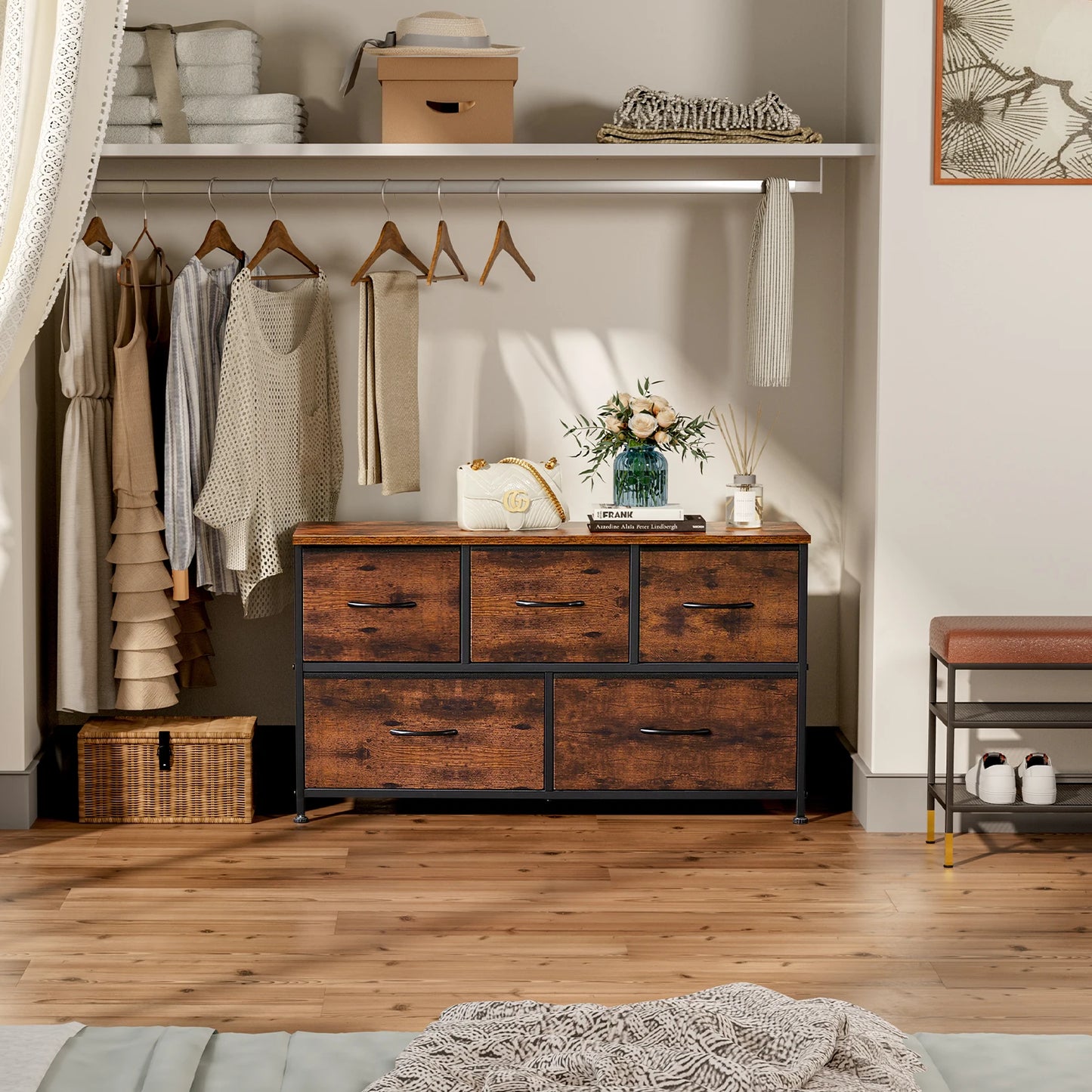 5-Drawer Fabric Dresser Storage Tower with Sturdy Steel Frame